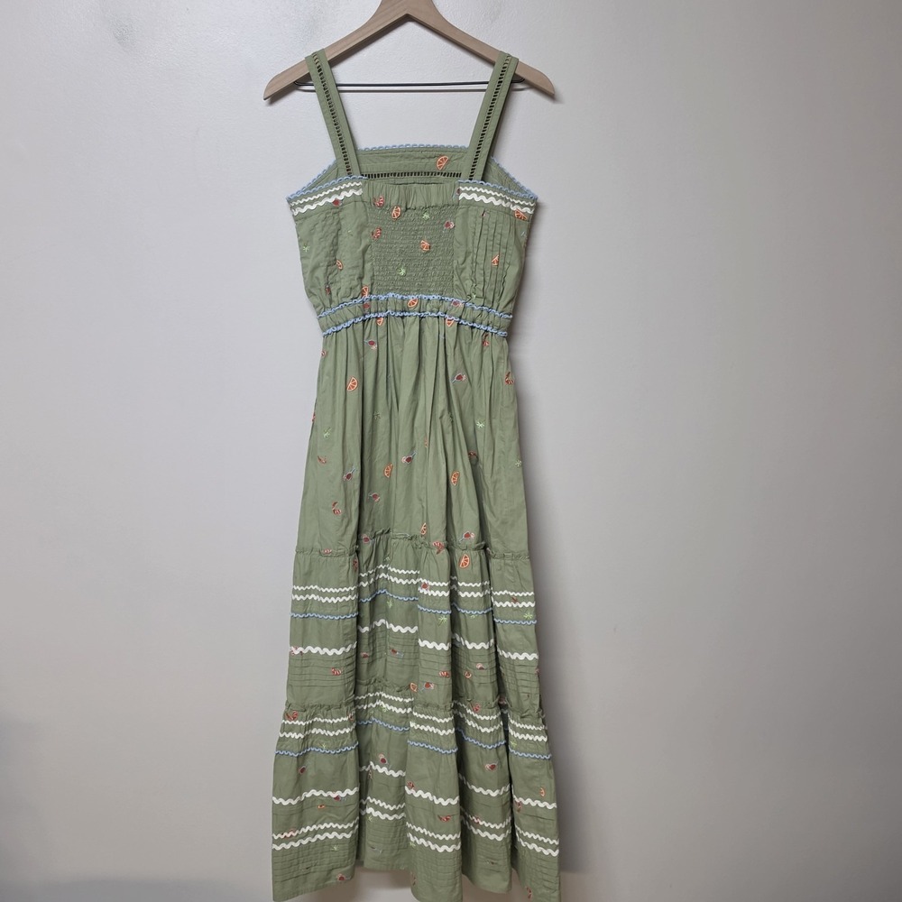 Roller Rabbit S Green Embroidered Fruit Maxi Dress Ric Rac Boho Cottagecore - Picture 5 of 10
